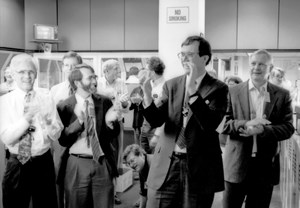 Rich Hawryluk is seen here in December 1993 at PPPL, celebrating TFTR's first deuterium-tritium shot. One year later the US machine was to pass a symbolic threshold with a production of 10 MW of fusion power. (Click to view larger version...)