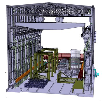 Above, the main hoists of the Assembly Building, capable of handling loads of up to 1,500 tonnes. On the shop floor, some of the specialized tooling required to assemble, lift and finally manoeuver ITER's supersized components. (Click to view larger version...)