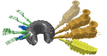 The ITER Tokamak will rely on three sources of external heating to bring the plasma to the temperature necessary for fusion: neutral beam injection (right) and two sources of high-frequency electromagnetic waves—ion and electron cyclotron heating (left, blue and green launchers). (Click to view larger version...)