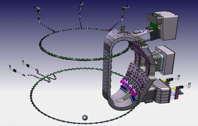 A representation of upper and lower vertical stability coils installed in the vacuum vessel, with feeder lines and feedthroughs extending out through upper and lower ports. (Click to view larger version...)