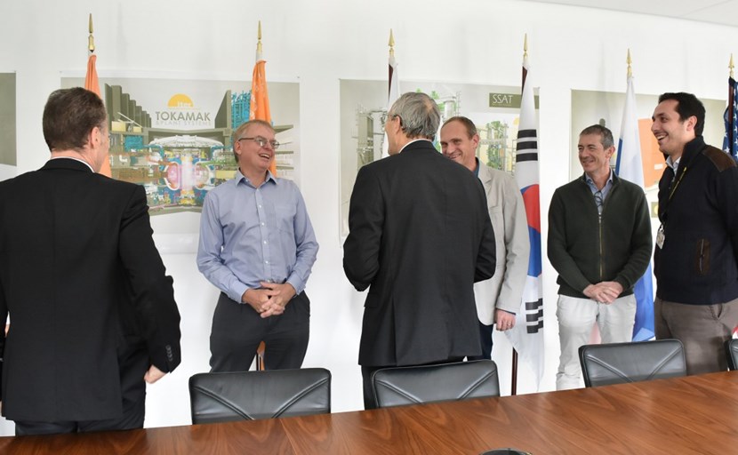 The signature of the Torus and Cryostat Cryopump Procurement Arrangement opens the way to the industrial procurement of the equipment. The European Domestic Agency will procure the pumps and auxiliaries; the ITER Organization will be charged with installation, testing and commissioning. From left to right: Johannes Schwemmer, F4E Director; Robert Pearce, ITER Vacuum Section leader; ITER Director-General Bernard Bigot; and Matthias Dremel, Gilles Wolfers and Roberto Salemme from the ITER vacuum team. (Click to view larger version...)