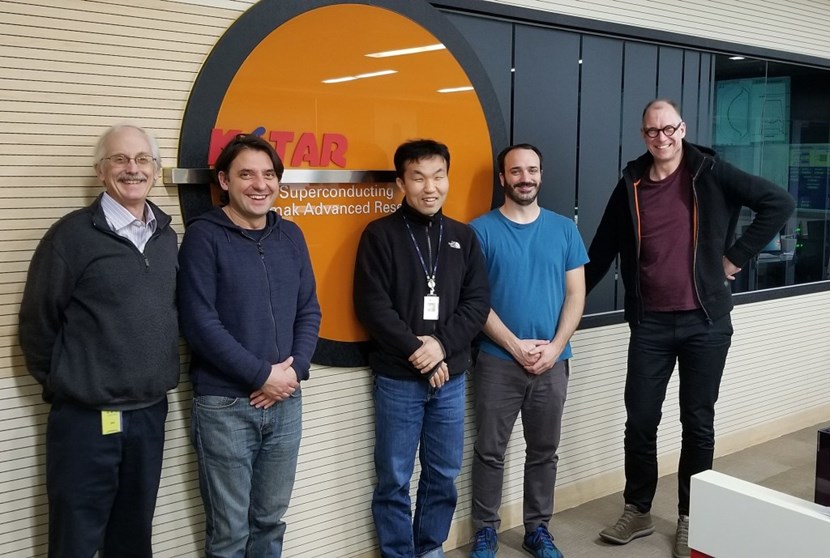 Happy faces after the successful experiments—from left to right: Larry Baylor (ORNL, senior scientist of the shattered pellet injection development team), Uron Kruezi (ITER, leading the ITER disruption mitigation system design team), JayHyun Kim (NFRI, shattered pellet injection project leader at KSTAR), Jeffrey Herfindal (ORNL, disruption mitigation expert), and chairman of the ITER Disruption Mitigation System Task Force Michael Lehnen (ITER). Team members who are not in the picture: Nick Eidietis (General Atomics, leader of the experiments group of the ITER Disruption Mitigation System Task Force), SooHwan Park (NFRI, responsible engineer for injector installation). (Click to view larger version...)