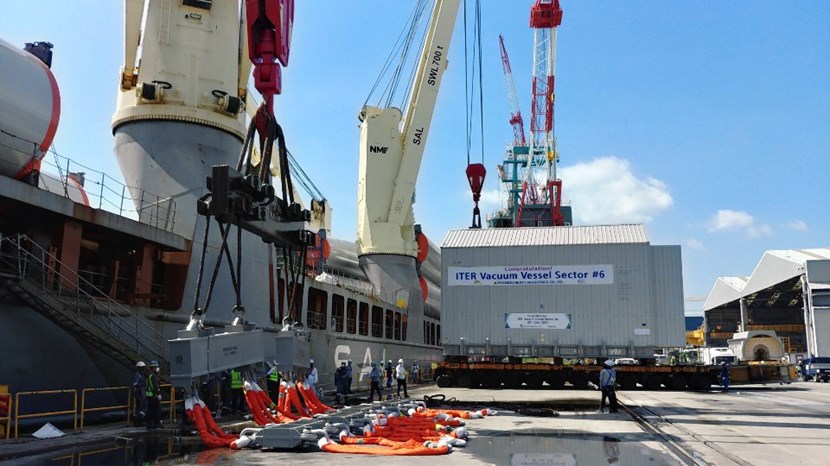 Vacuum vessel sector #6 is loaded on board the ''REGINE'' on 26 June. Shipment to France should take just under one month. (Click to view larger version...)