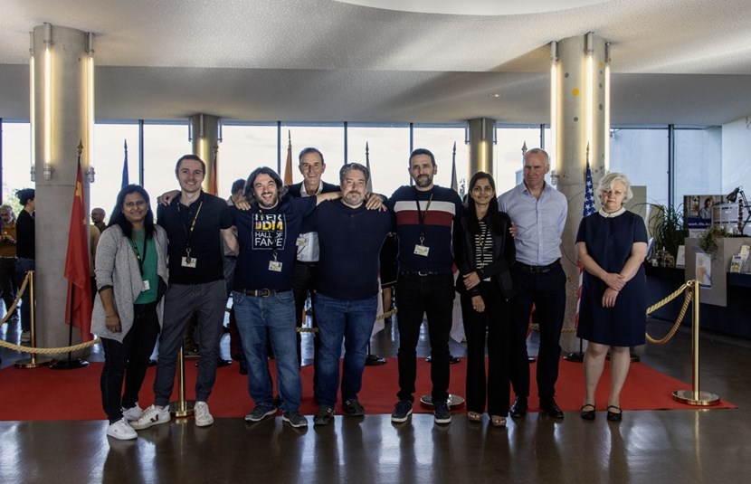 The IDM team, posing with ITER Director-General Pietro Barabaschi on the occasion of the 20th anniversary of the uploading of the first document. From left to right: Bisale Sonali; Jean-Daniel Delaplagne; IDM co-creator Carlo Capuano; Robert Papp, IDM development leader from 2007 to 2020; Vicent Burle; Thinde Rajvinder; Peter Finch; and Ksenia Pachueva. (Click to view larger version...)